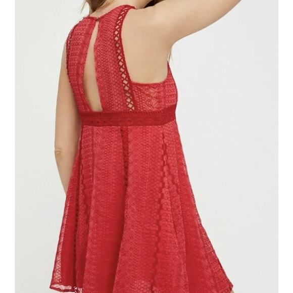 Free People Sundress WMNS 8 Red Lace Keyhole Cutout Mini Sleeveless Vintage Boho - Picture 3 of 13